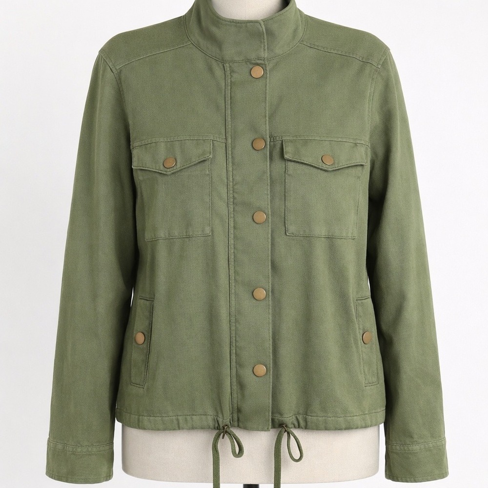 Caslon Y2K Organic Cotton‎ Military Jacket Size M Green Button Utility Snap Zip
